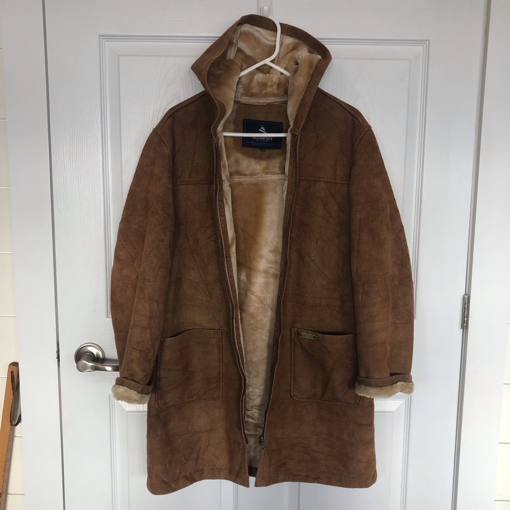 Faux Suede Shearling jacket full zip with hood and pockets.